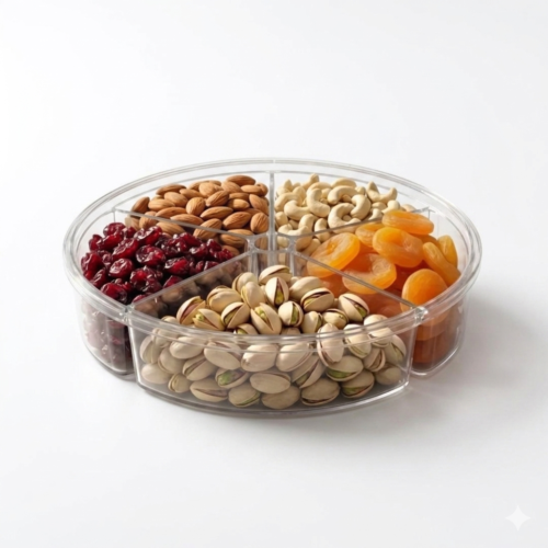 Crystal clear 5 portion acrylic round tray for dry fruit and snacks.