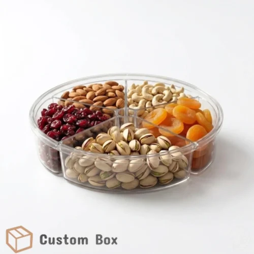 Crystal clear 5 portion acrylic round tray for dry fruit and snacks.