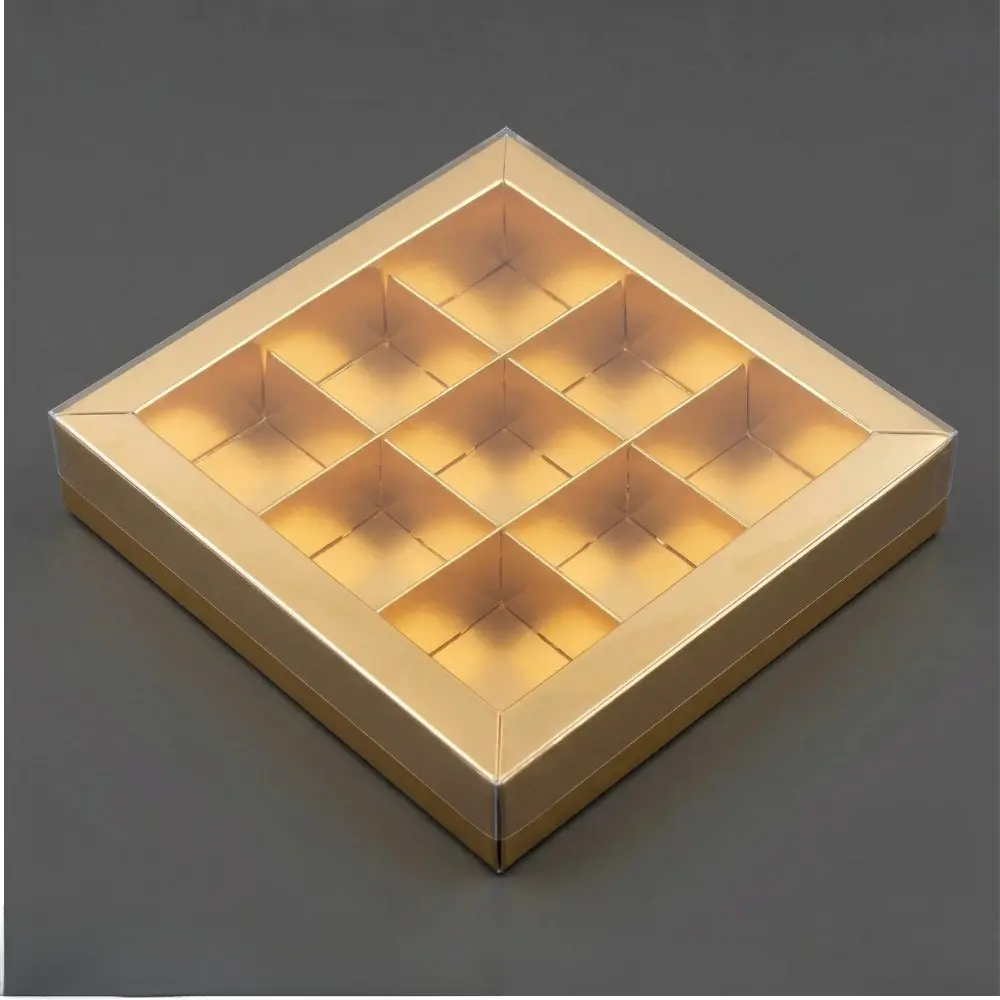 9 Cavity Gold Chocolate Box with Transparent Lid