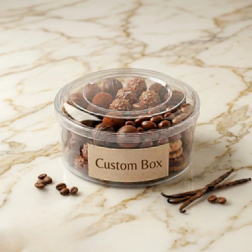 Round acrylic bowl filled with assorted chocolates and coffee beans