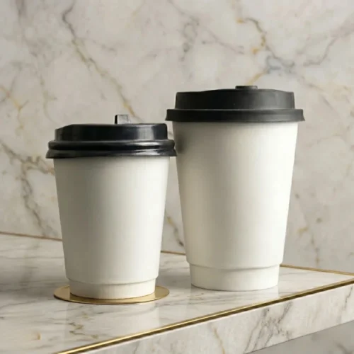 White Double Wall Coffee Cup with Black Lid | Insulated To-Go Cup