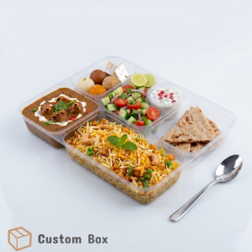 Transparent Five Portion Food Tray with Lid for Takeaway