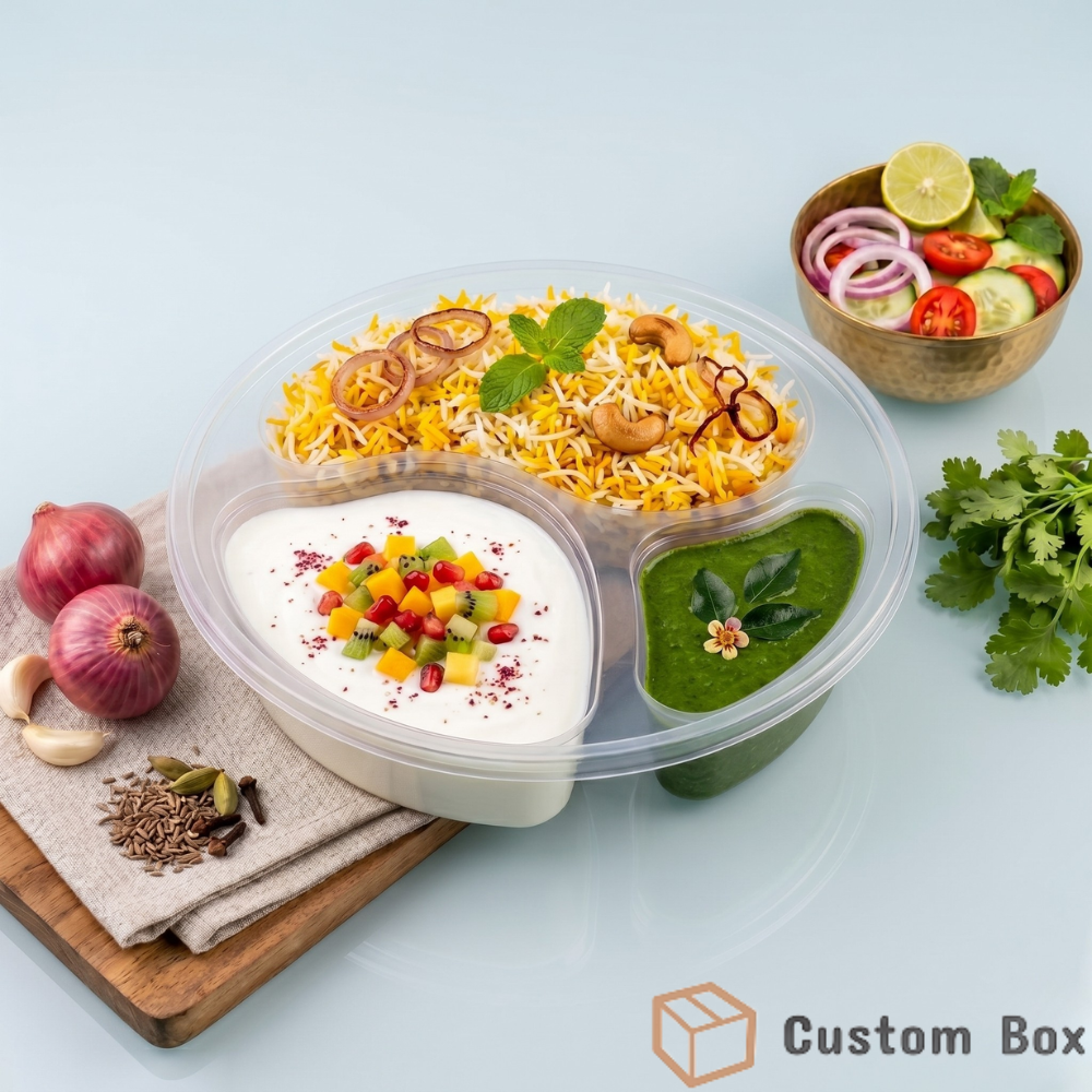 Transparent Rounded Disposable Three Portion Tray with Lid