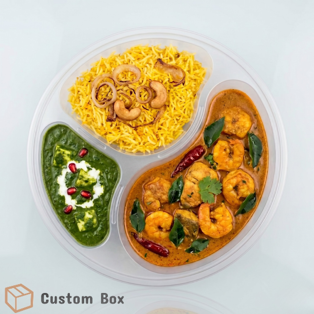 Transparent Rounded Disposable Three Portion Tray with Lid