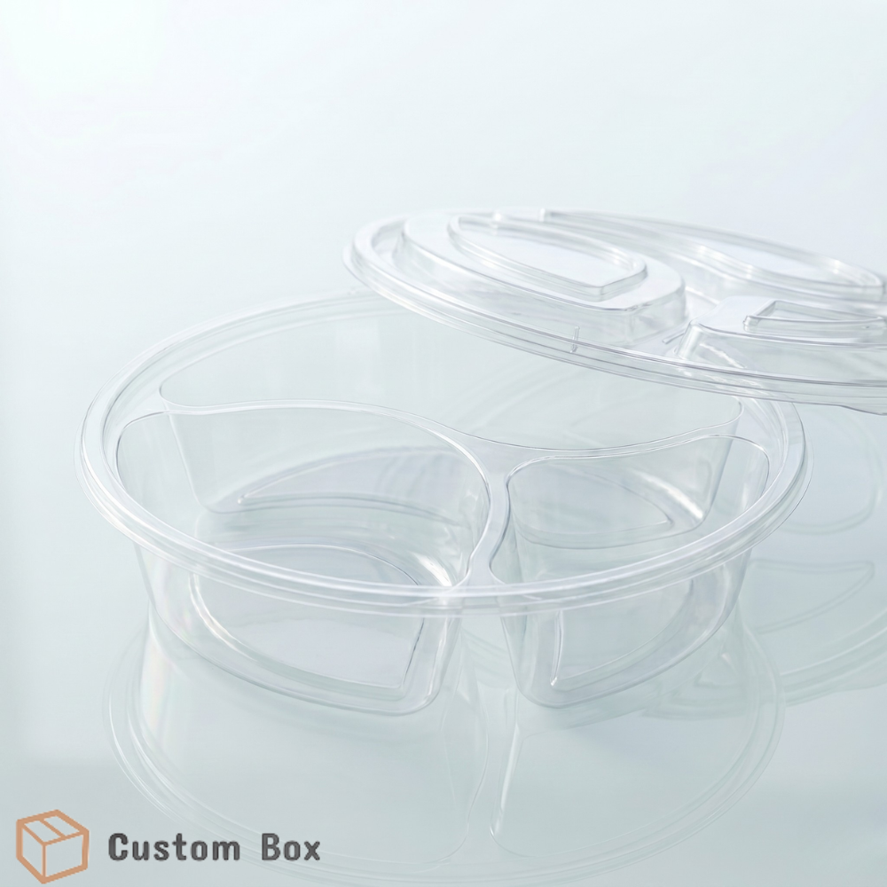 Transparent Rounded Disposable Three Portion Tray with Lid