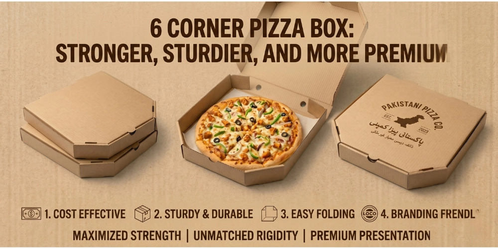 6 corner pizza box Pakistan – premium sturdy pizza packaging for restaurant delivery