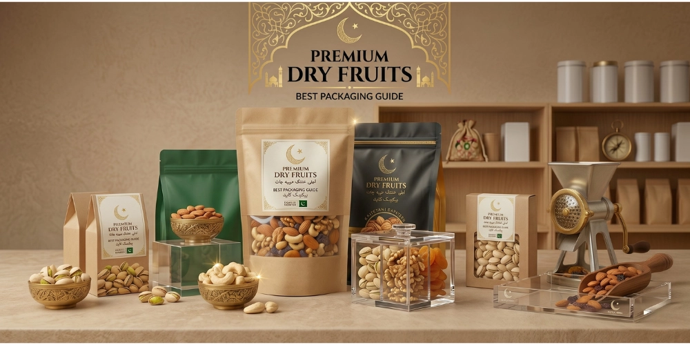 Best dry fruit packaging in Pakistan showing kraft standup pouches aluminum lamination bags acrylic boxes and golden tin boxes