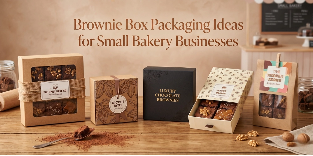Brownie box packaging ideas for small bakery businesses showing kraft window box, luxury black chocolate brownie box, printed gift box and branded brownie packaging styles