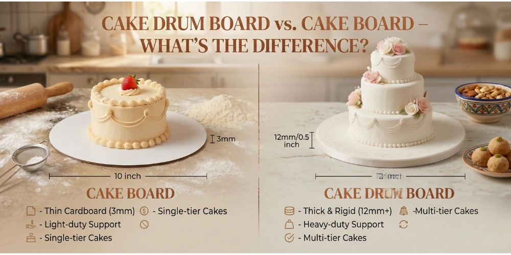Cake drum board vs cake board comparison – 3mm thin cardboard cake board under single-tier cake and 12mm thick cake drum board under 3-tier wedding cake