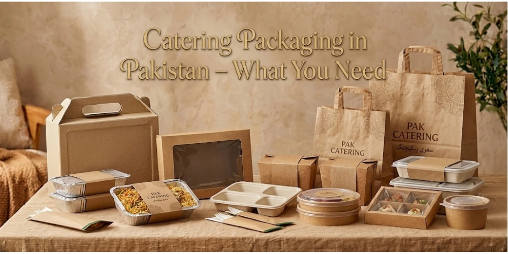 Catering packaging in Pakistan including aluminium foil containers, kraft bowls, and disposable food trays for weddings and events