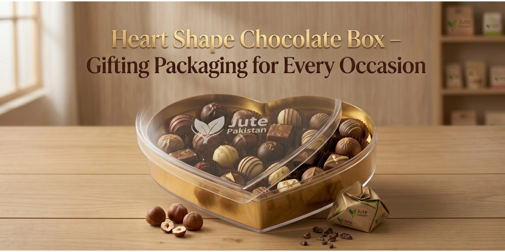 Heart shape chocolate box with transparent lid and gold base — premium gifting packaging Pakistan