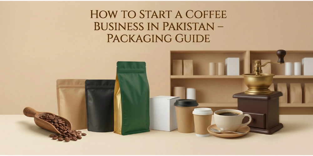 Coffee business startup guide Pakistan showing custom coffee cups kraft bags and coffee pouches