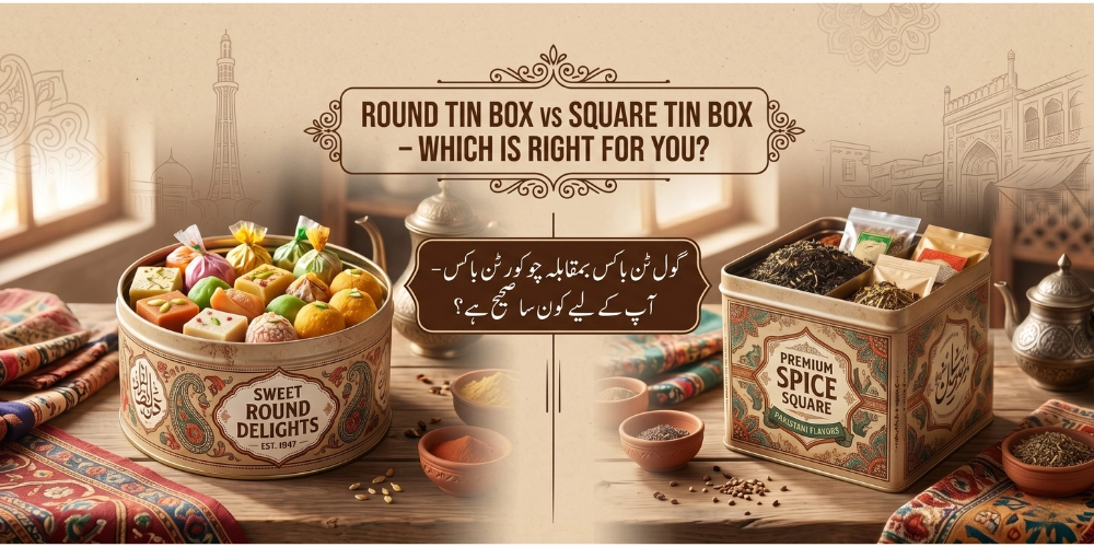 Round tin box vs square tin box comparison for gifting and packaging in Pakistan