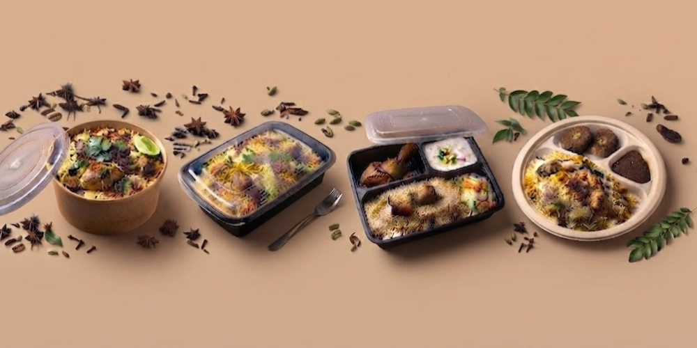 Best packaging for biryani delivery in Pakistan — kraft bowl, black plastic container, multi-portion tray and biodegradable plate with biryani