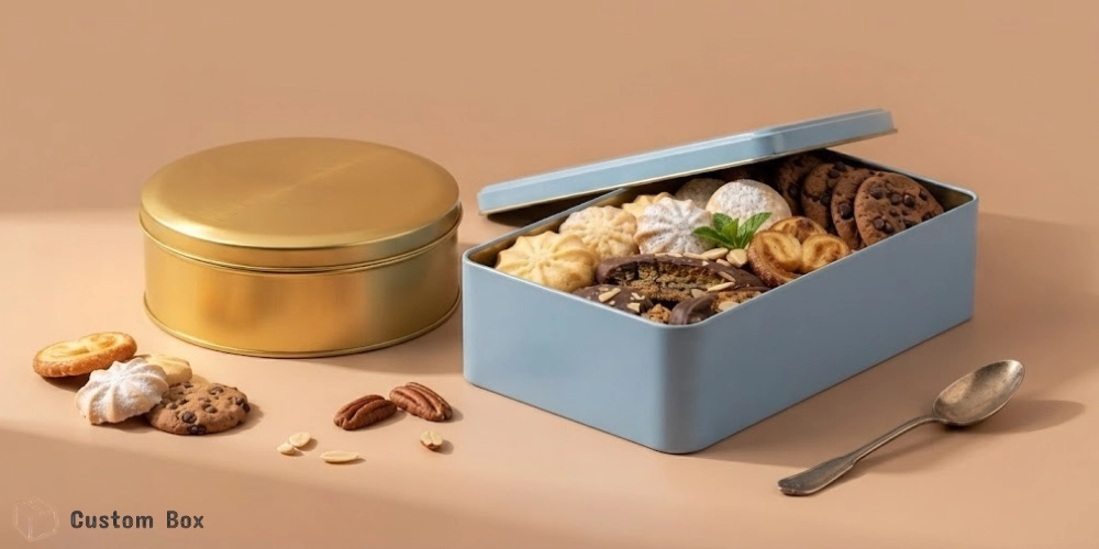 Tin Boxes for Cookie Packaging – Gold Round & Blue Rectangle Cookie Tins Custom Box