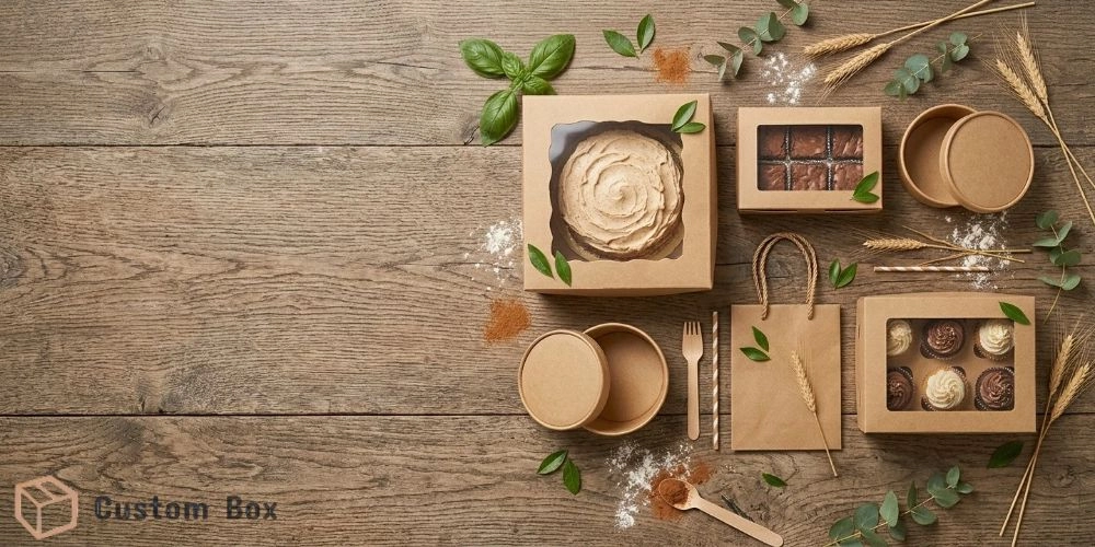 Eco-friendly bakery packaging in Pakistan including kraft cake box, brownie box, cupcake box and paper bag